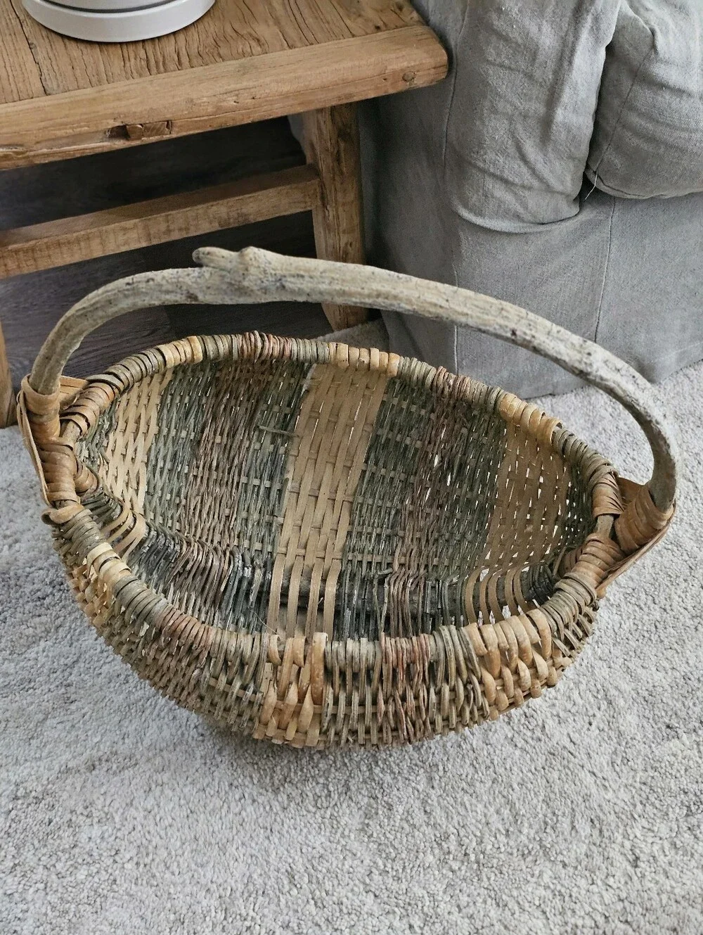 Vintage 1980s Gathering Butt Basket With Bentwood Handle